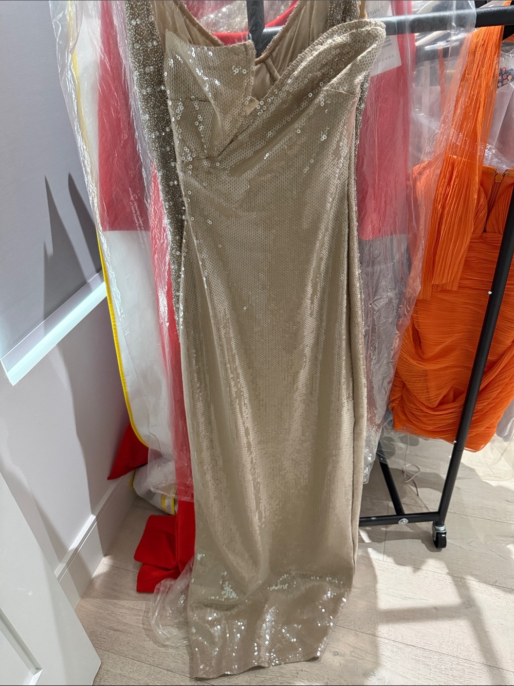 Meshki Gold Sequin Strapless Gown